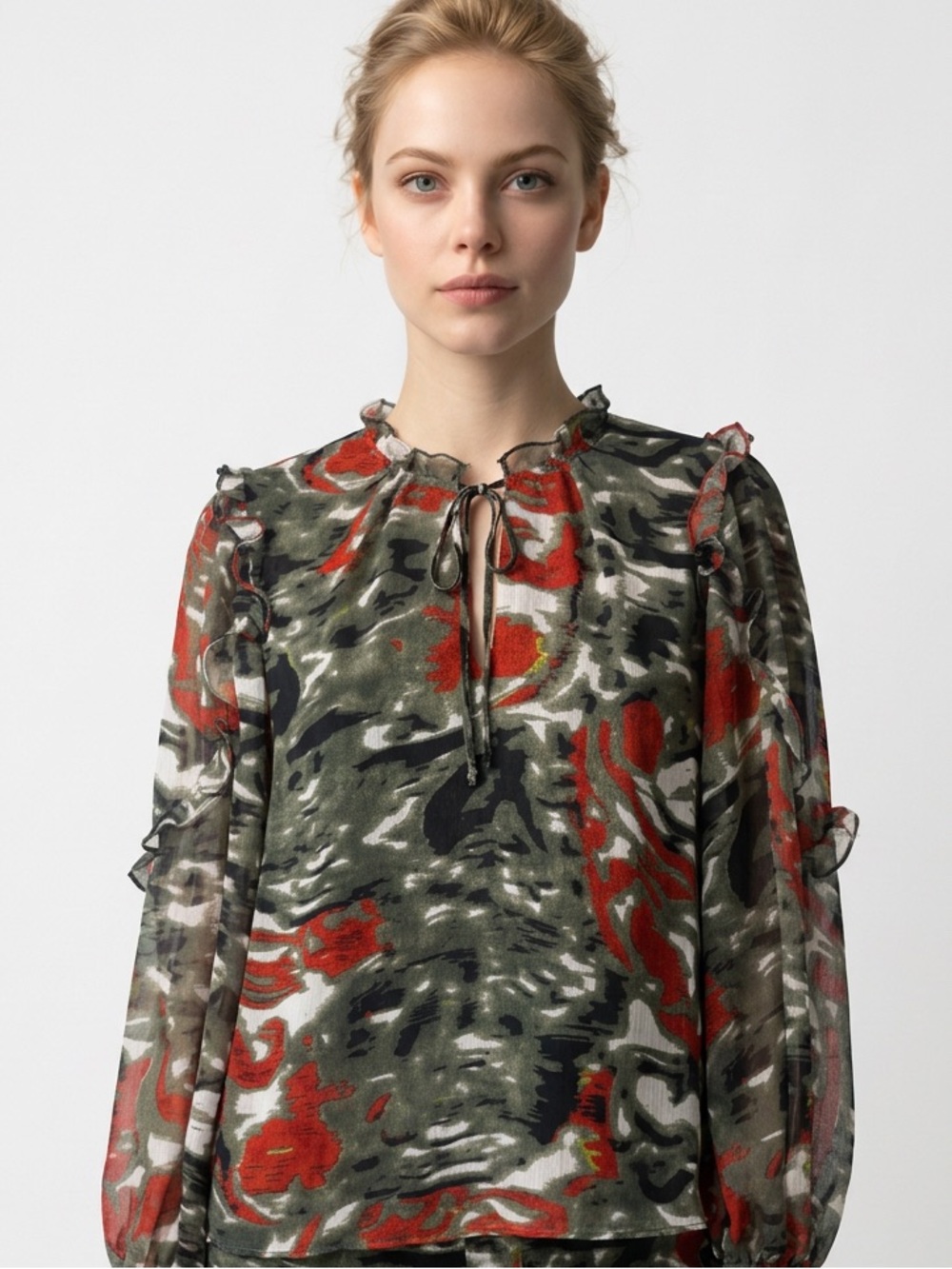 WILLA STORY | NEW Ruffle Tie-Neck Sheer Blouse Multi Green Print Women’s Size S